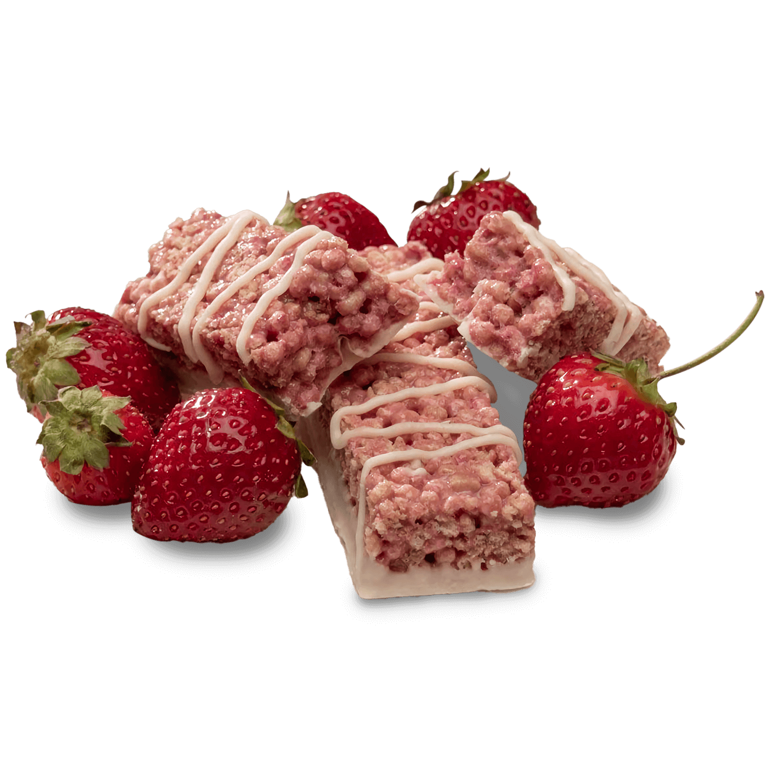 Delicious protein bars topped with strawberry pieces and surrounded by fresh strawberries.